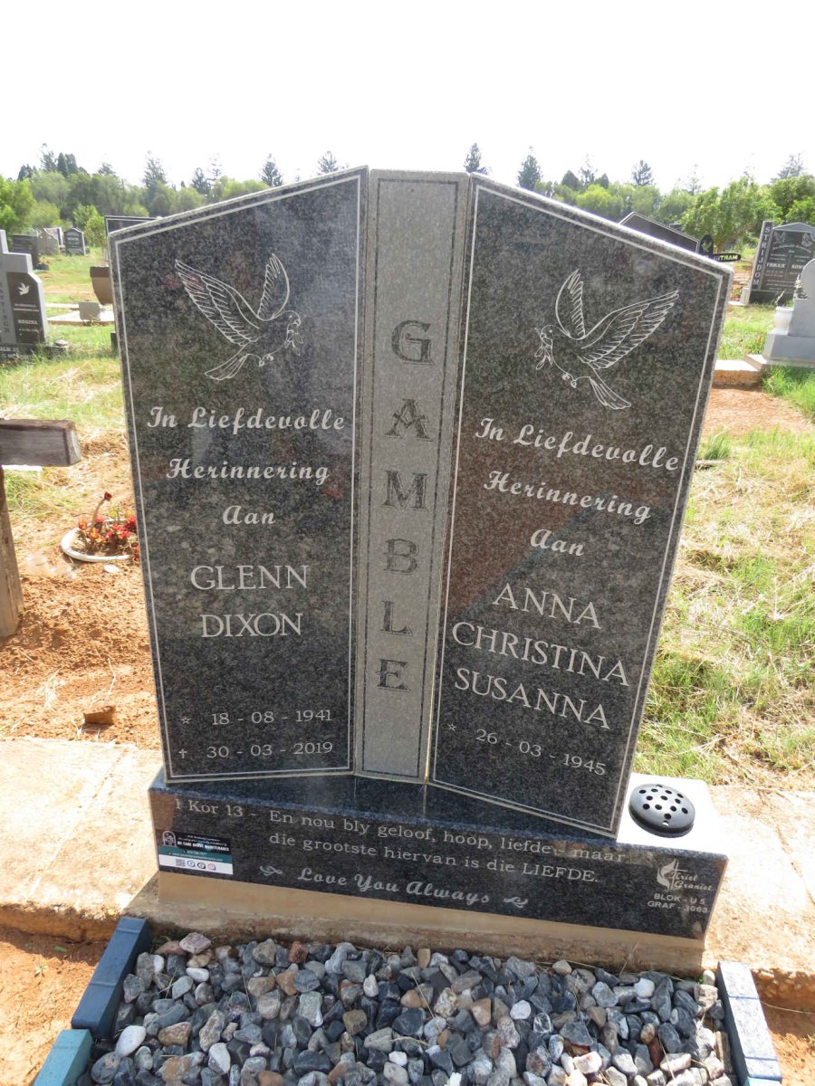 GAMBLE Glenn Dixon 1941-2019 & Anna Christina Susanna 1945- 