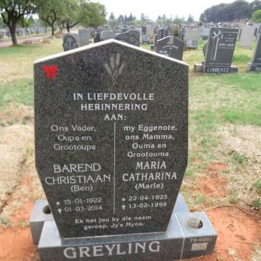 GREYLING Barend Christiaan 1922-2014 & Maria Catharina 1925-1999