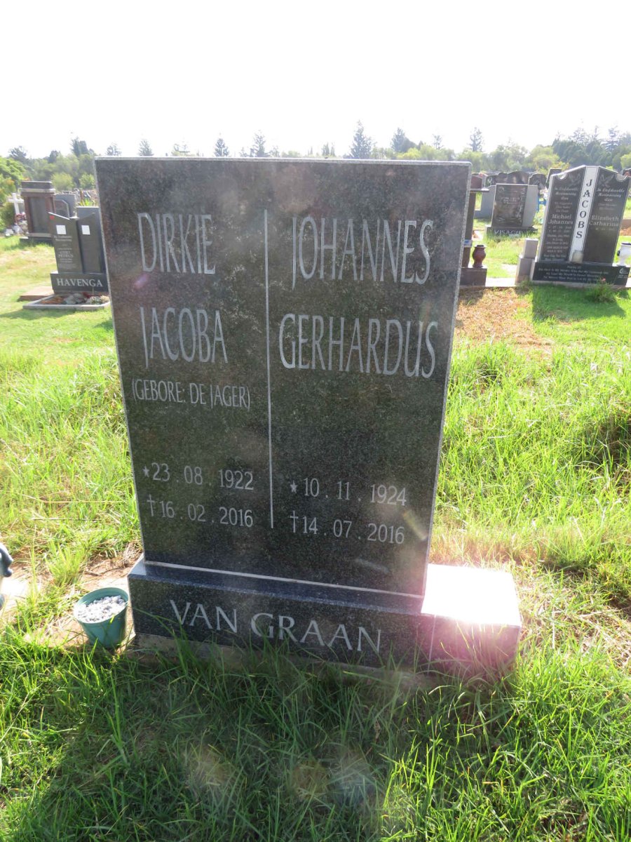 GRAAN Johannes Gerhardus, van 1924-2016 & Dirkie Jacoba DE JAGER 1922-2016