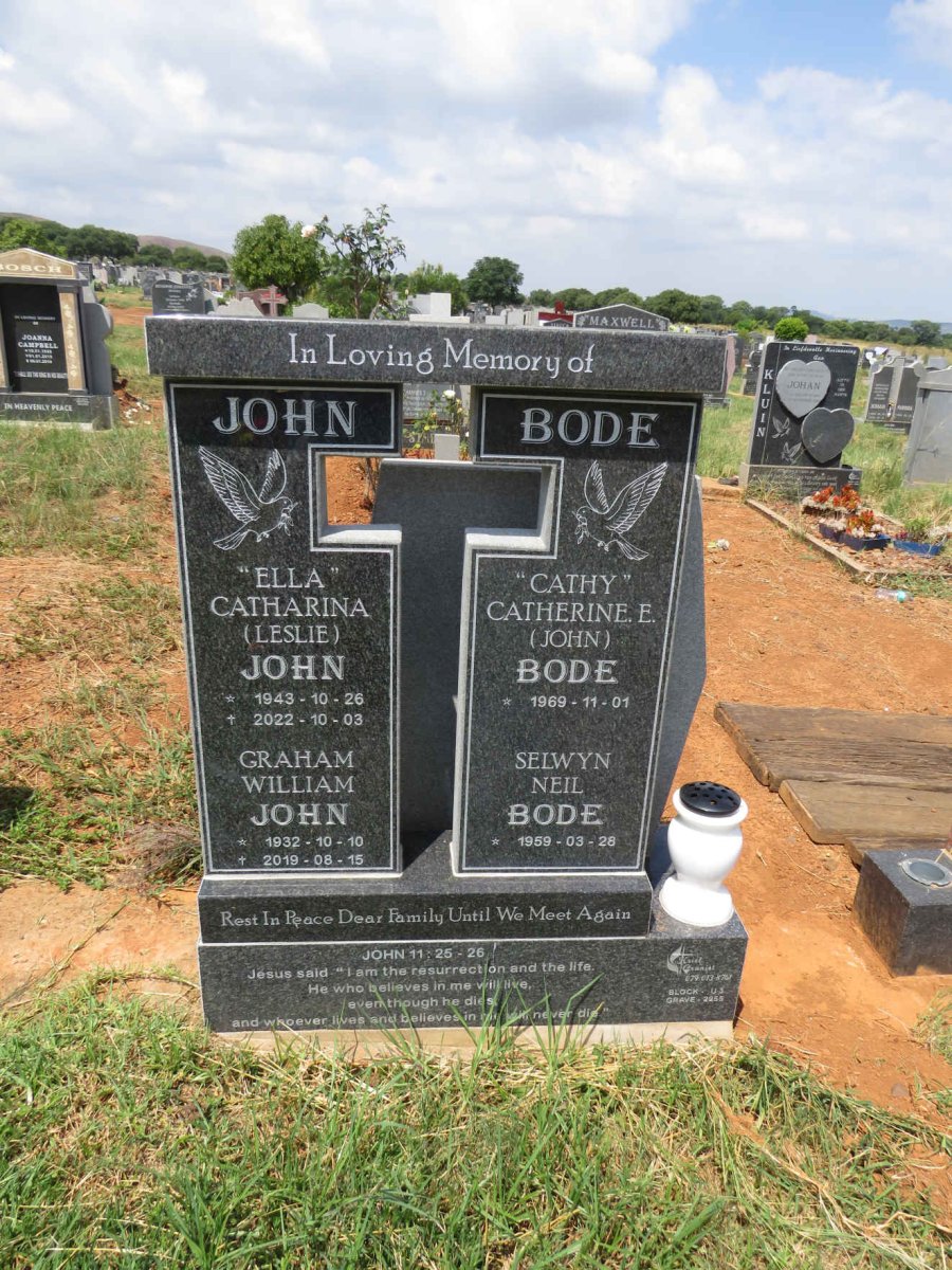 JOHN Graham William 1932-2019 & Catharina LESLIE 1943-2022 :: BODE Selwyn Neil 1959- & Catherine E. JOHN 1969- 
