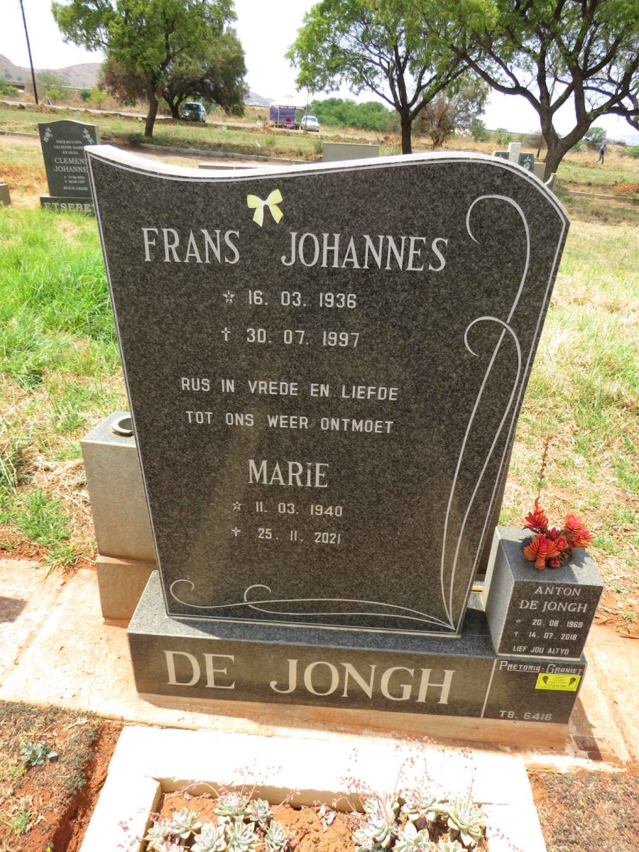 JONGH Frans Johannes, de 1936-1997 & Marie 1940-2021 :: DE JONGH Anton 1969-2018