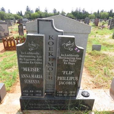 KOEKEMOER Phillipus Jacobus 1952-2022 & Anna Maria Susanna 1955-2018