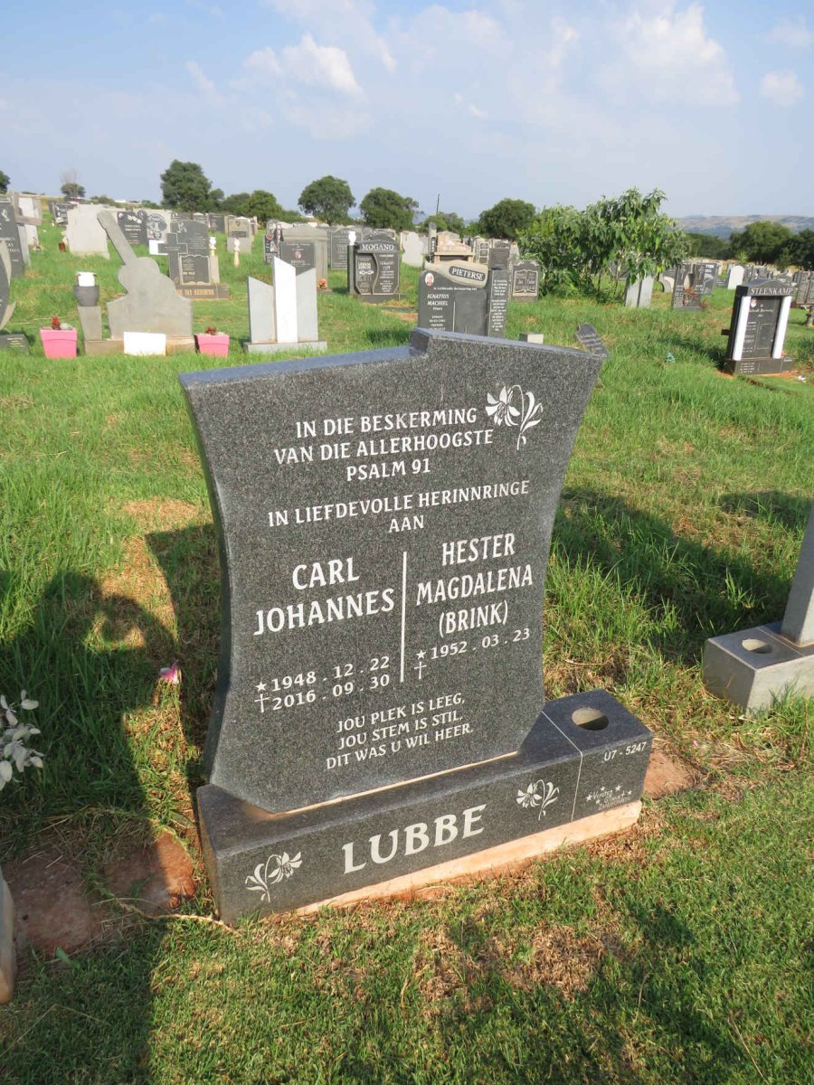 LUBBE Carl Johannes 1948-2016 & Hester Magdalena BRINK 1952-