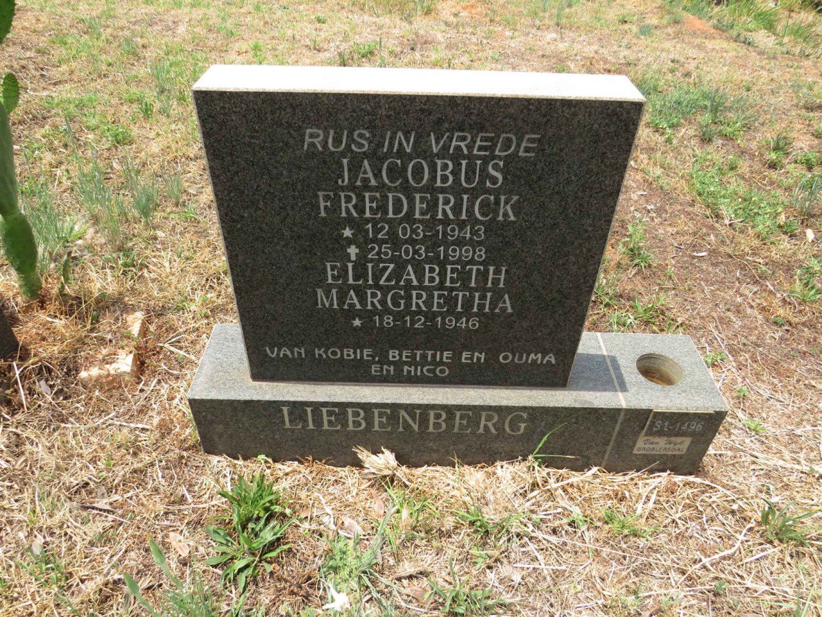 LIEBENBERG Jacobus Frederick 1943-1998 & Elizabeth Margretha 1946-