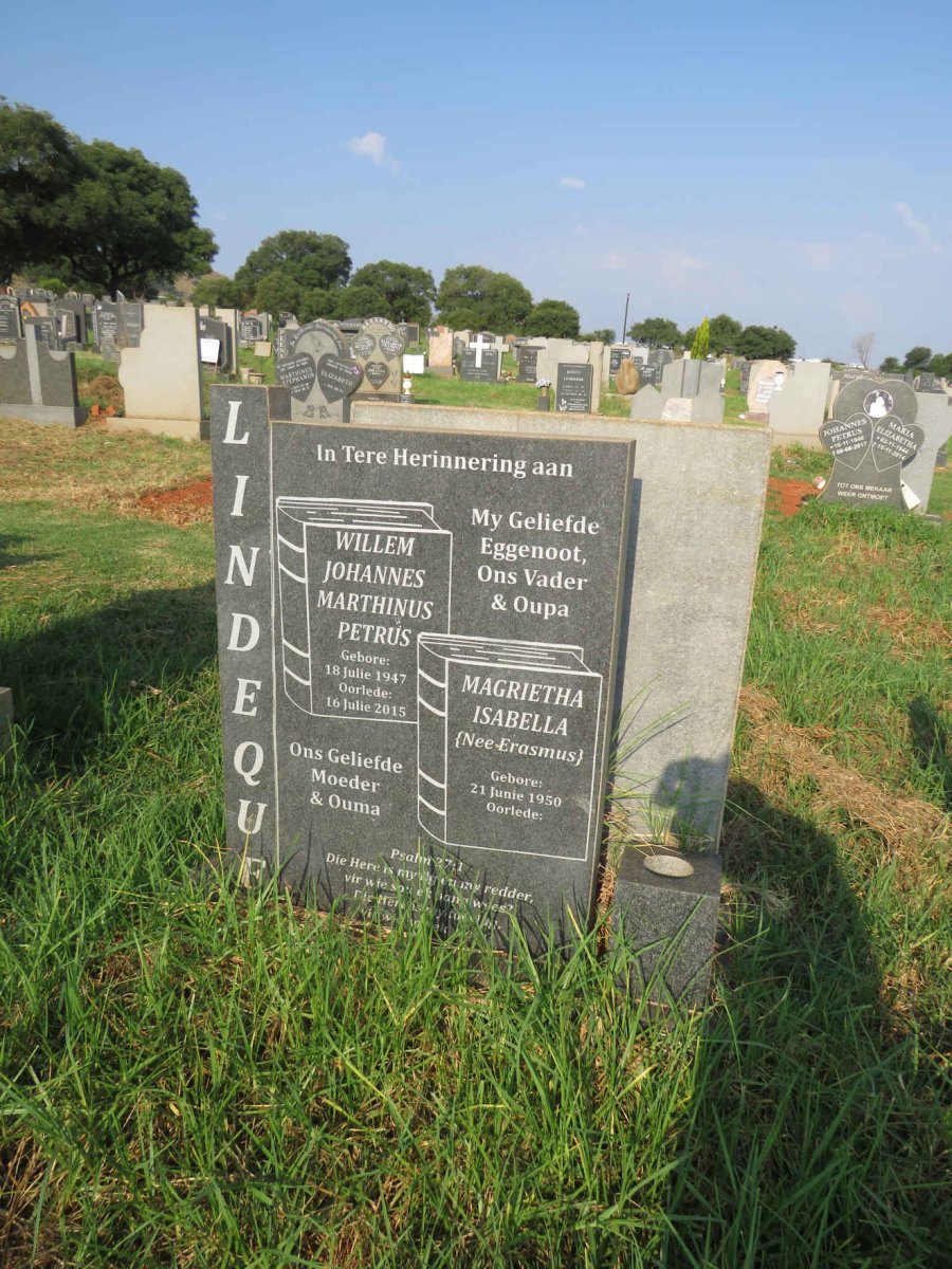LINDEQUE Willem Johannes Marthinus Petrus 1947-2015 & Magrietha Isabella ERASMUS 1950-