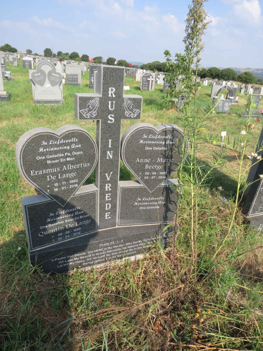 LANGE Erasmus Albertus, de 1960-2016 :: BEETGE Anne-Marie 1968-2014 :: DE LANGE Quentin 1988-2012