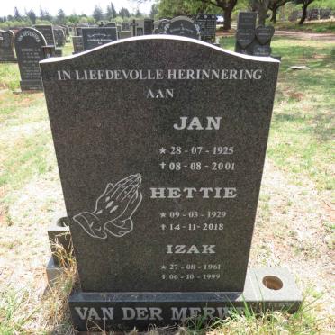 MERWE Jan, van der 1925-2001 & Hettie 1929-2018 :: VAN DER MERWE Izak  1961-1999