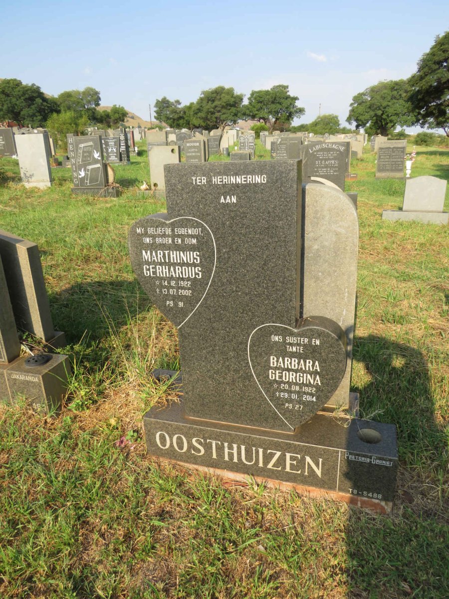 OOSTHUIZEN Marthinus Gerhardus 1922-2002 & Barbara Georgina 1922-2014