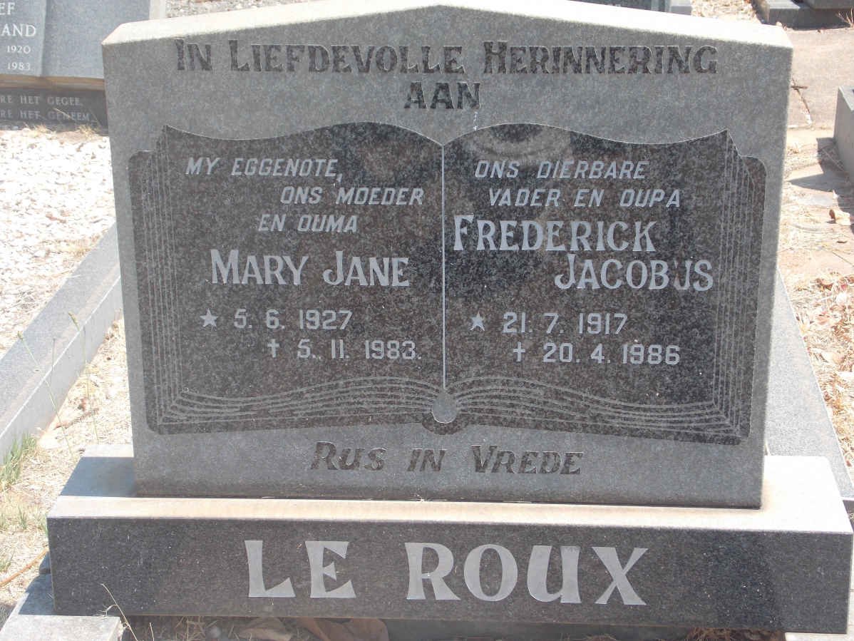 ROUX Frederick Jacobus, le 1917-1986 &amp; Mary Jane 1927-1983