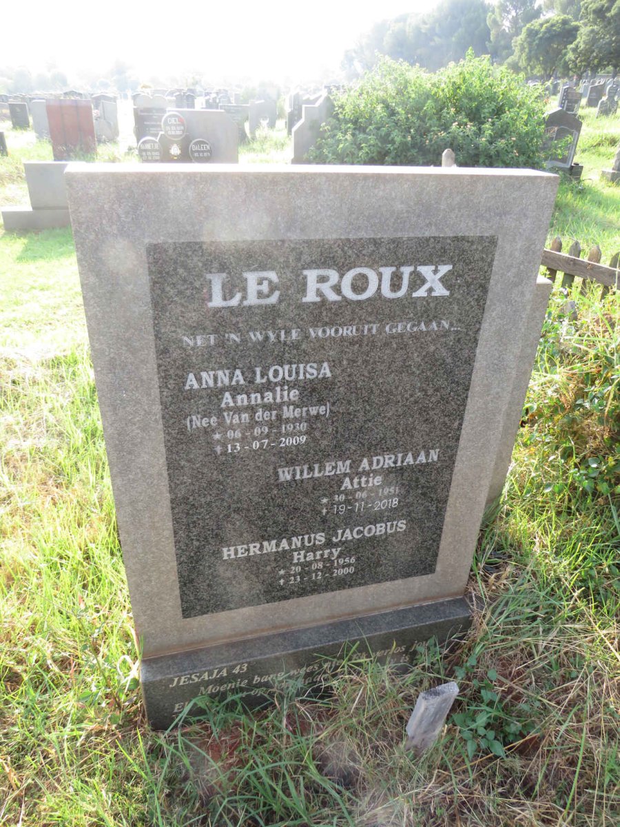 ROUX Anna Louisa, le nee VAN DER MERWE 1930-2009 :: LE ROUX Willem Adriaan 1951-2018 :: LE ROUX Hermanus Jacobus 1956-2000