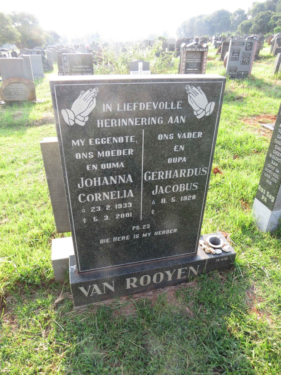 ROOYEN Gerhardus Jacobus, van 1928- & Johanna Cornelia 1933-2001