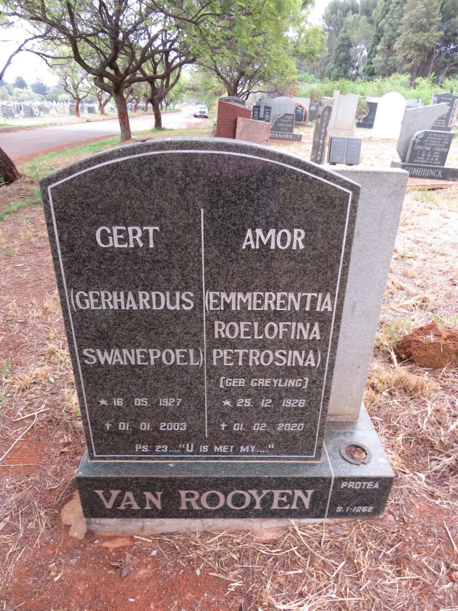 ROOYEN Gerhardus Swanepoel, van 1927-2003 & Emmerentia Roelofina Petrosina GREYLING 1928-2020