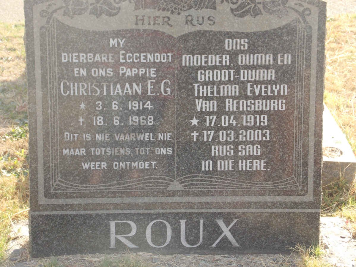 ROUX Christiaan E.G. 1914-1968 &amp; Thelma Evelyn VAN RENSBURG 1919-2003