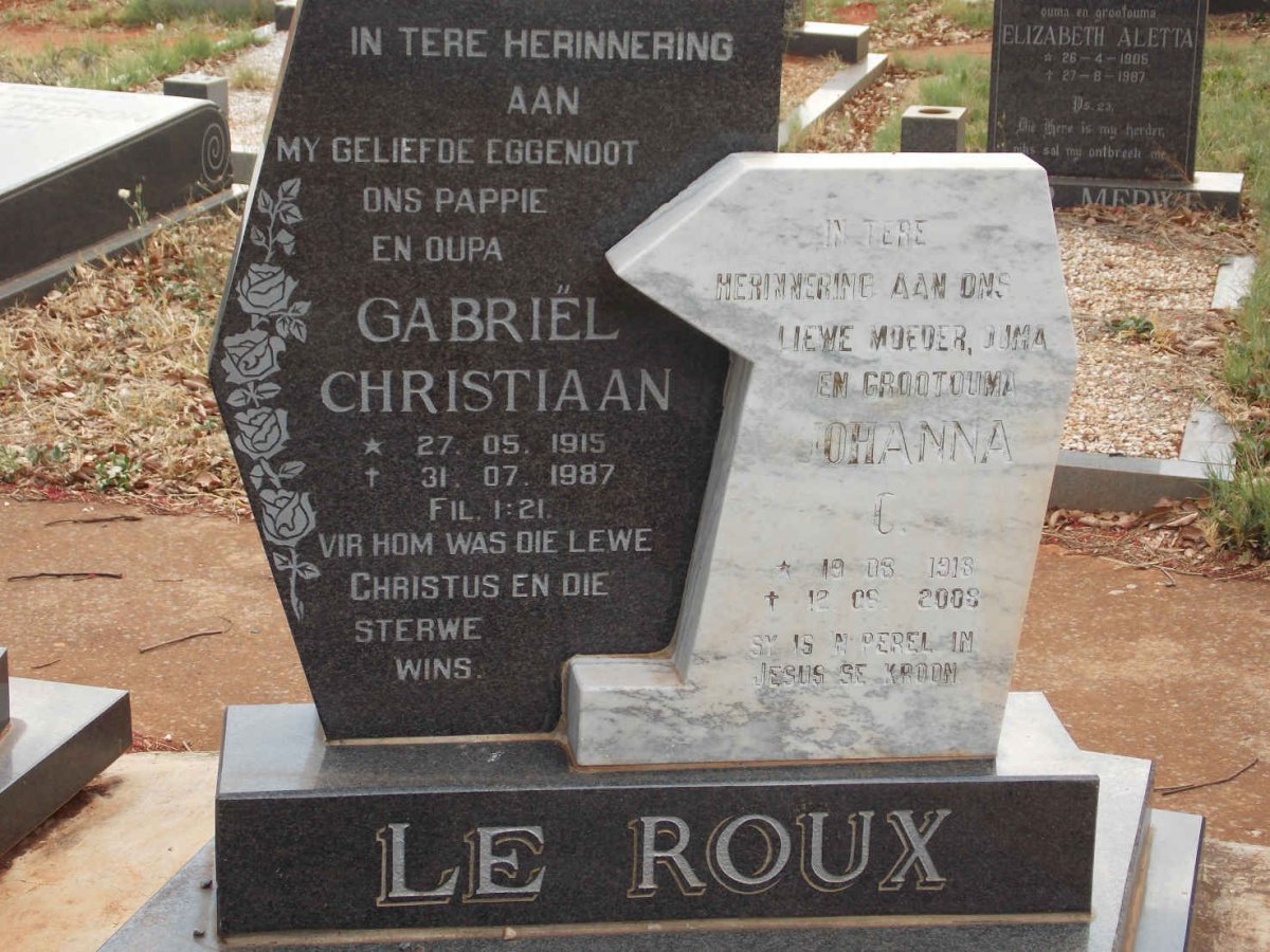 ROUX Gabriel Christiaan, le 1915-1987 &amp; Johanna C. 1918-2008