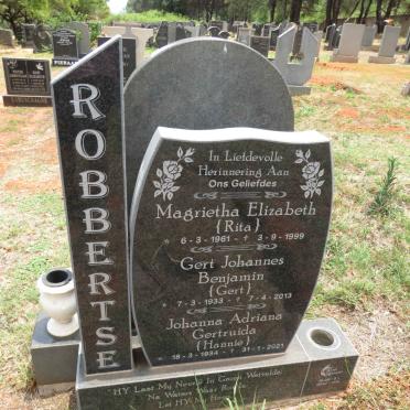 ROBBERTSE Gert Johannes Benjamin 1933-2013 & Johanna Adriana Gertruida 1934-2021 :: ROBBERTSE Magrietha Elizabeth 1961-1999