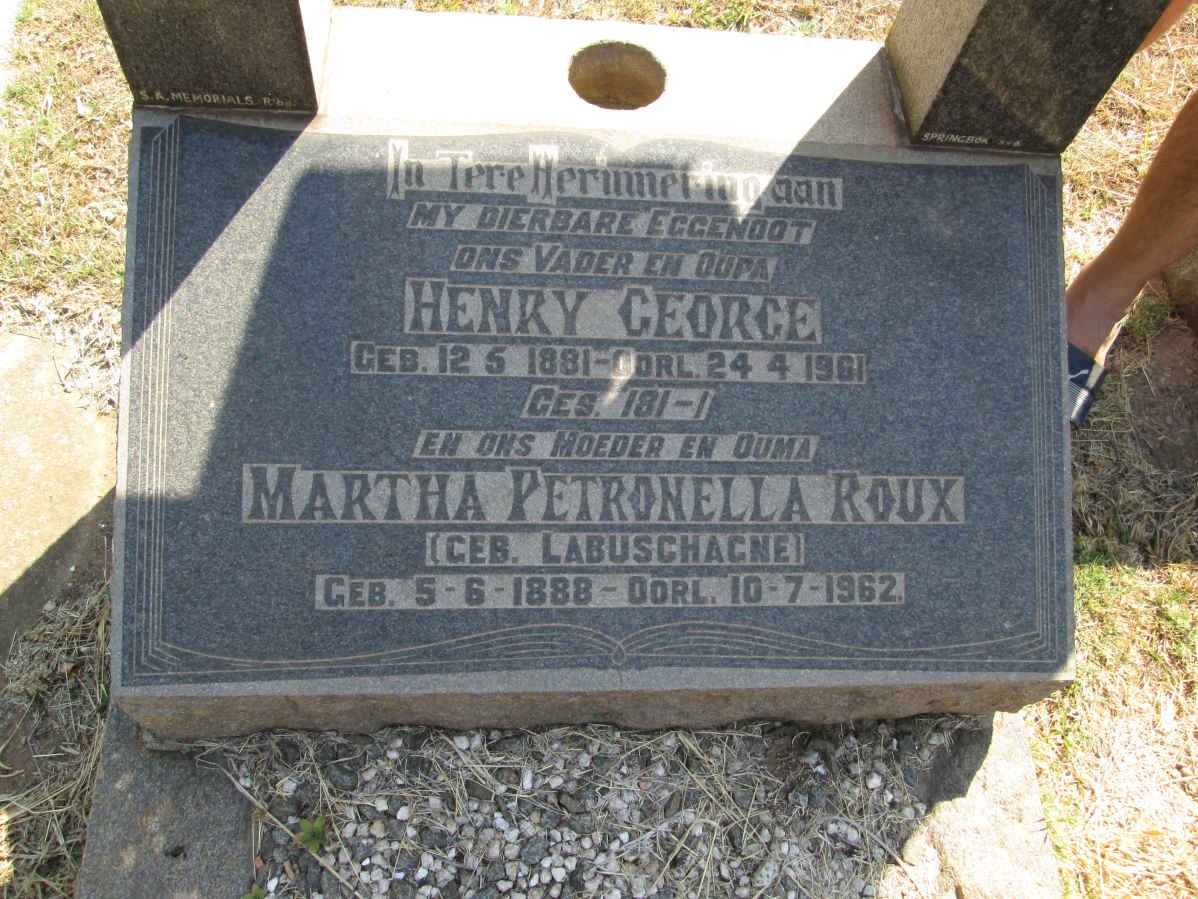 ROUX Henry George 1881-1961 &amp; Martha Petronella LABUSCHAGNE 1888-1962