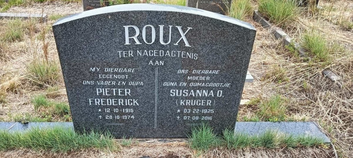 ROUX Pieter Frederick 1915-1974 & Susanna O. KRUGER 1925-2016
