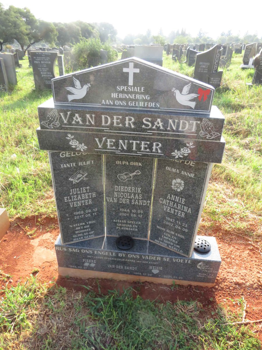 SANDT Diederik Nicolaas, van der 1944-2001 & Annie Catharina VENTER 1947-2002 :: VENTER Juliet Elizabeth 1968-2017 :: VAN DER SANDT Pierre 1965- & Meisie 1965-2021