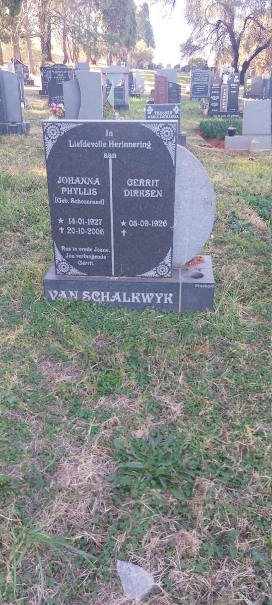 SCHALKWYK Gerrit Dirksen, van 1926- &amp; Johanna Phyllis SCHOONRAAD 1927-2006