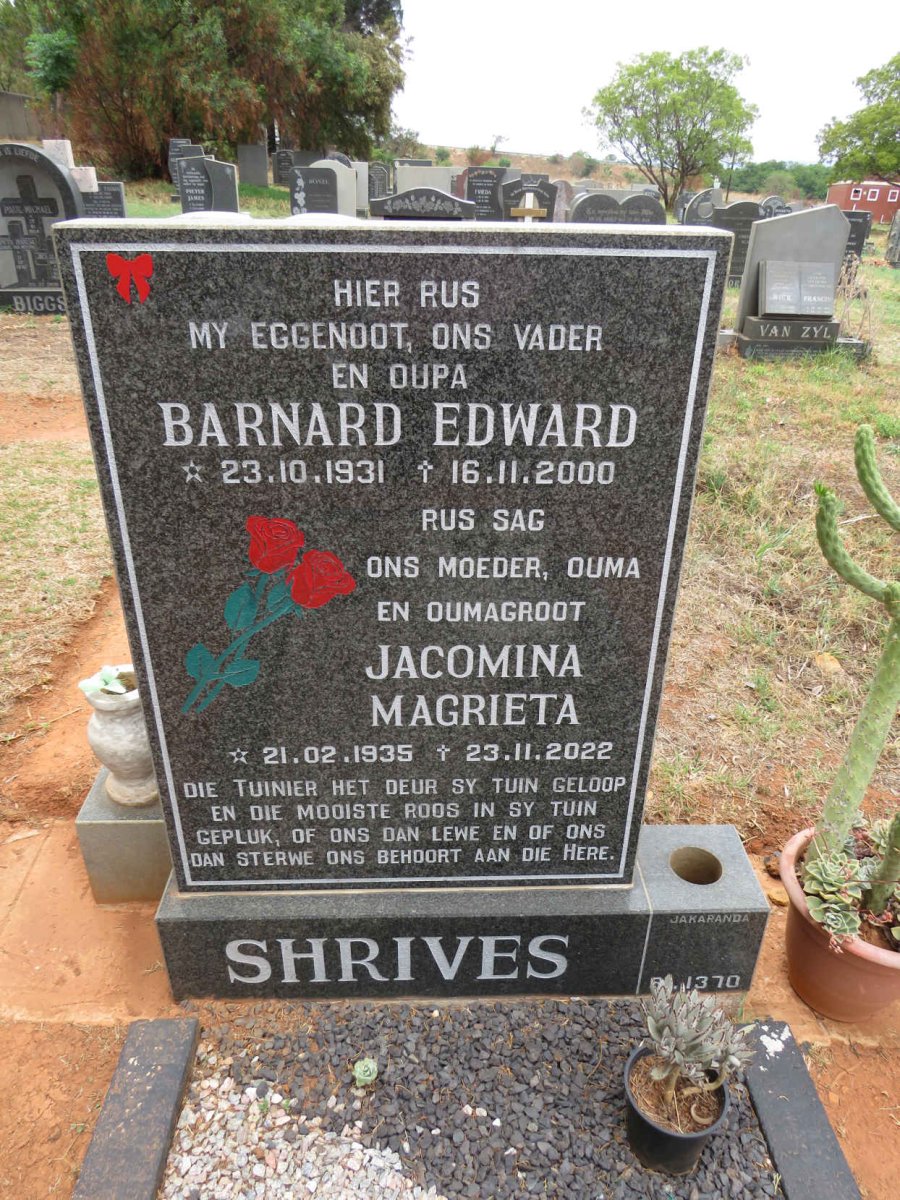 SHRIVES Barnard Edward 1931-2000 & Jacomina Magrieta 1935-2022