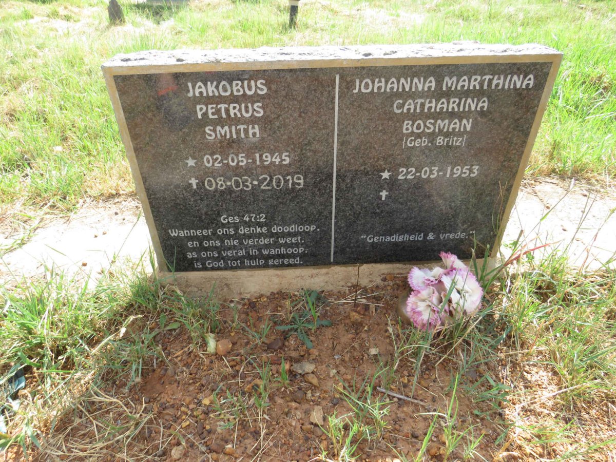 SMITH Jakobus Petrus 1945-2019 & Johanna Marthina Catharina BOSMAN nee BRITZ 1953- 