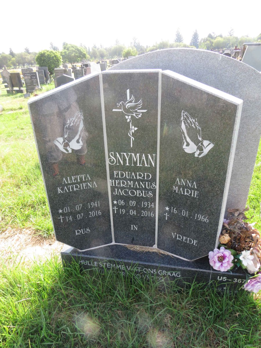 SNYMAN Eduard Hermanus Jacobus 1934-2016 & Aletta Katriena 1941-2016 :: SNYMAN Anna Marie 1966-
