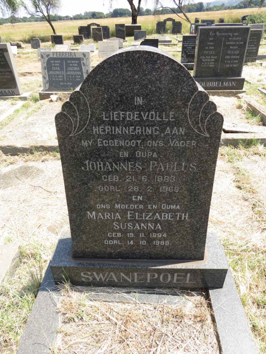 SWANEPOEL Johannes Paulus 1883-1968 & Maria Elizabeth Susanna 1894-1988