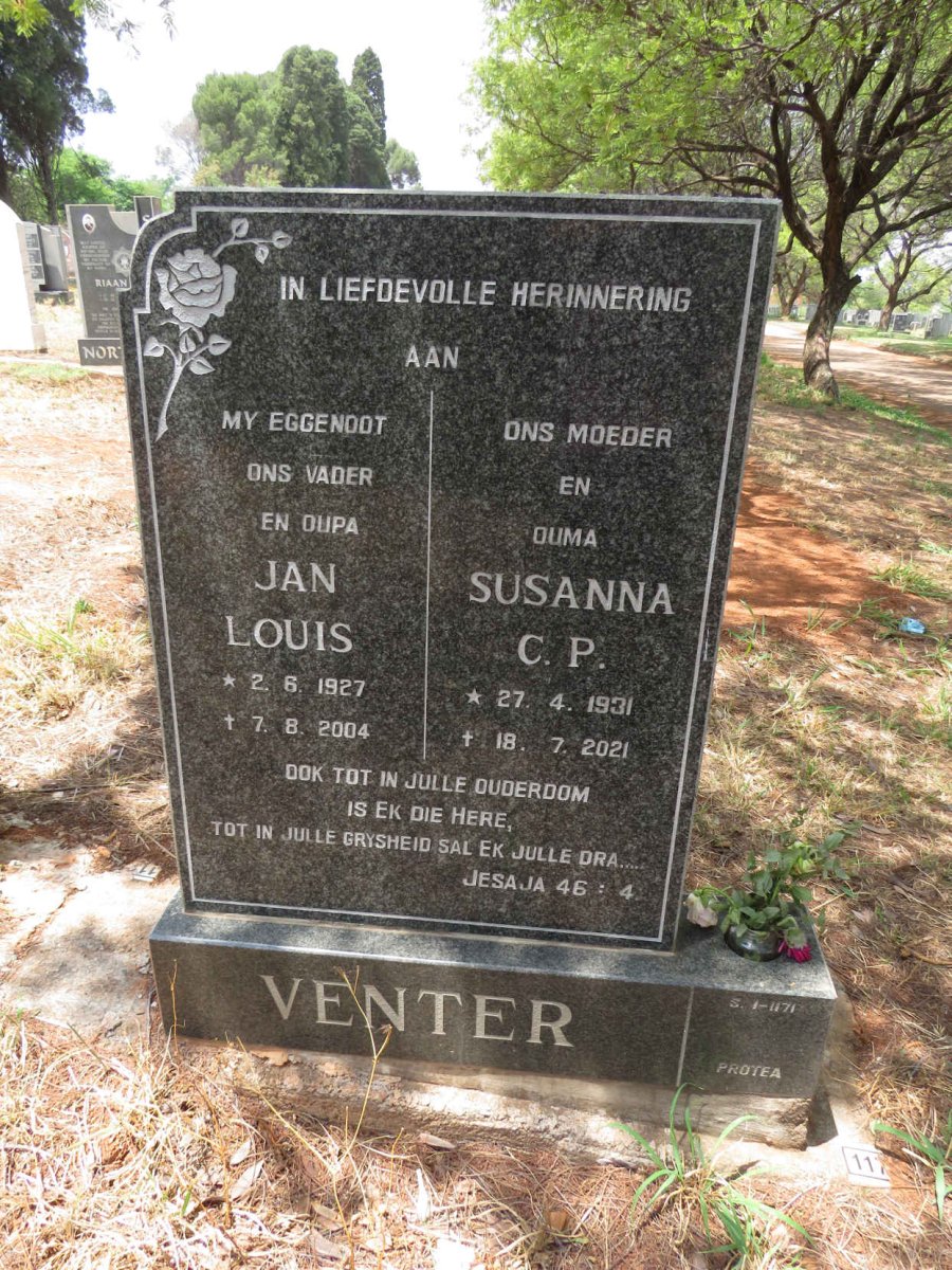 VENTER Jan Louis 1927-2004 & Susanna C.P. 1931-2021