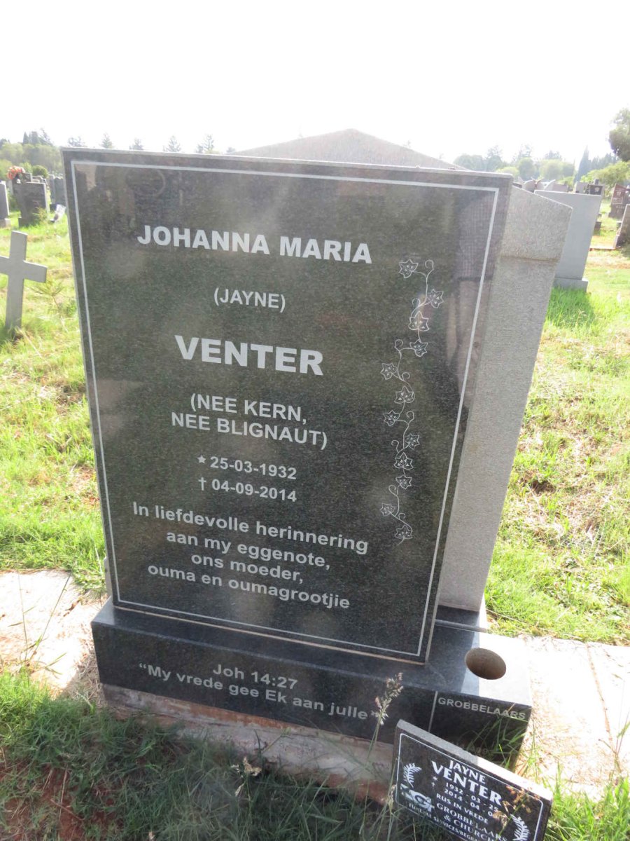 VENTER Johanna Maria 1932-2014 voorheen KERN nee BLIGNAUT