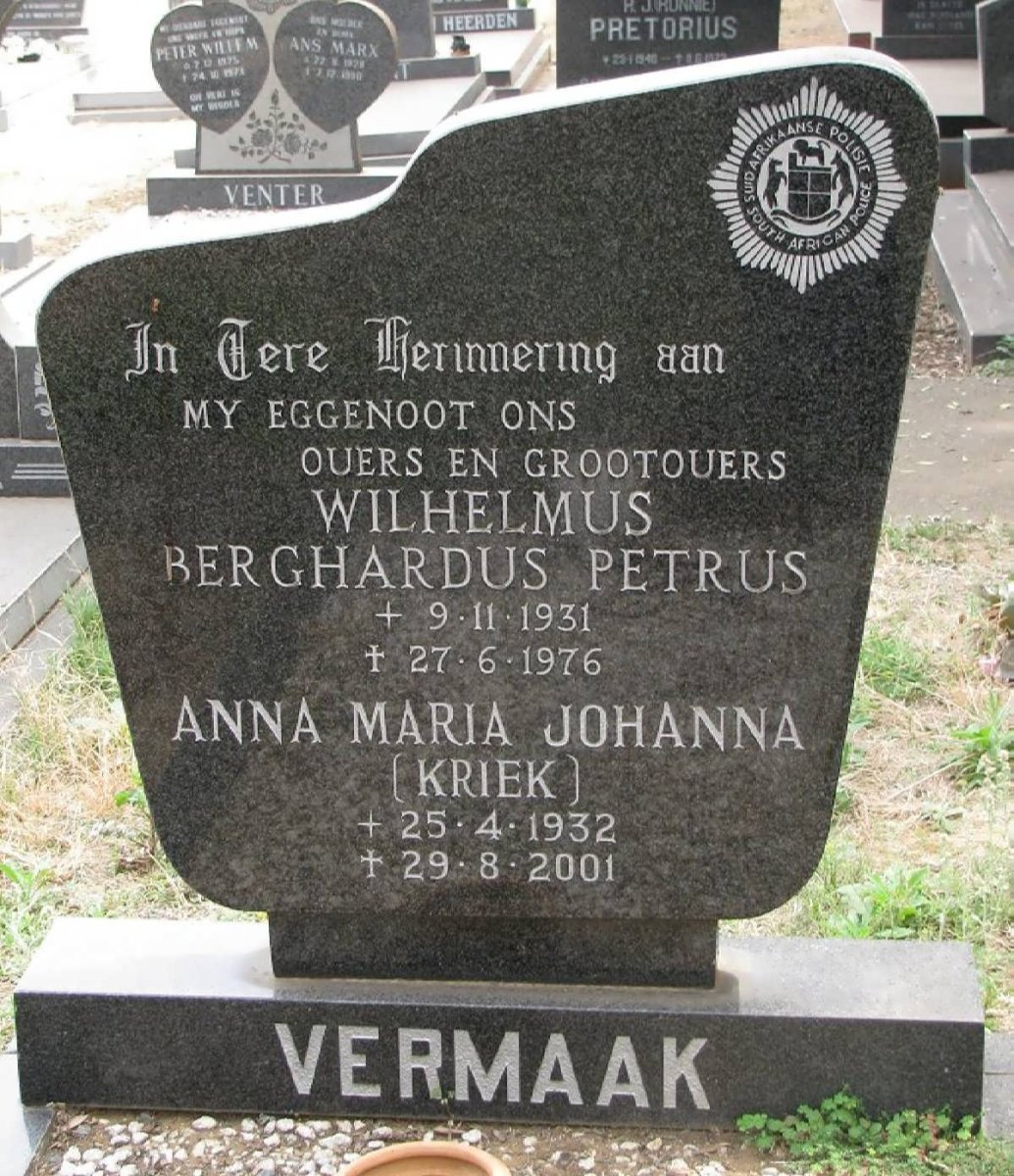 VERMAAK Wilhelmus Berghardus Petrus 1931-1976 &amp; Anna Maria Johanna KRIEK 1932-2001