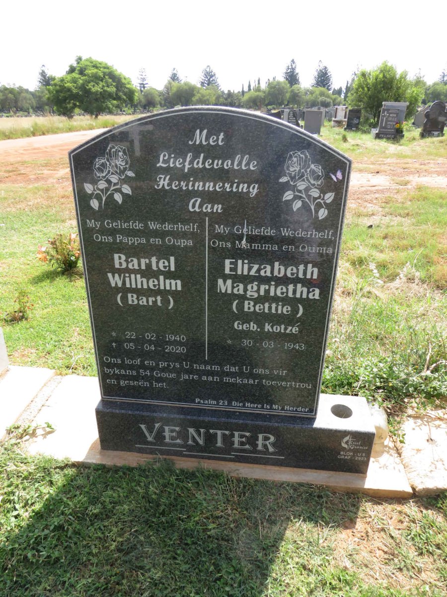 VENTER Bartel Wilhelm 1940-2020 & Elizabeth Magrietha KOTZE 1943- 