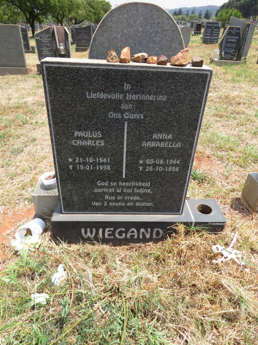 WIEGAND Paulus Charles 1941-1998 & Anna Arrabella 1944-1998