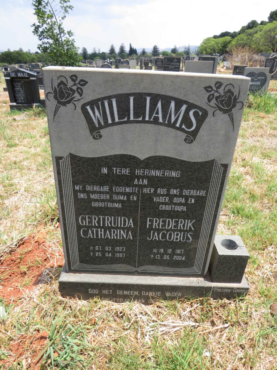 WILLIAMS Frederik Jacobus 1917-2004 & Gertruida Catharina 1927-1997