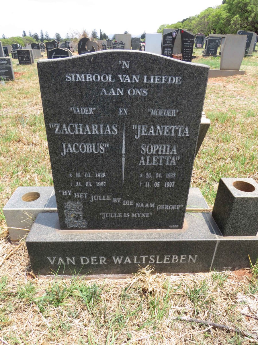 WALTSLEBEN Zacharias Jacobus, van der 1928-1997 & Jeanetta Sophia Aletta 1932-1997