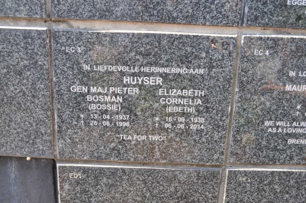 HUYSER Pieter Bosman 1937-1996 &amp; Elizabeth Cornelia 1938-2014
