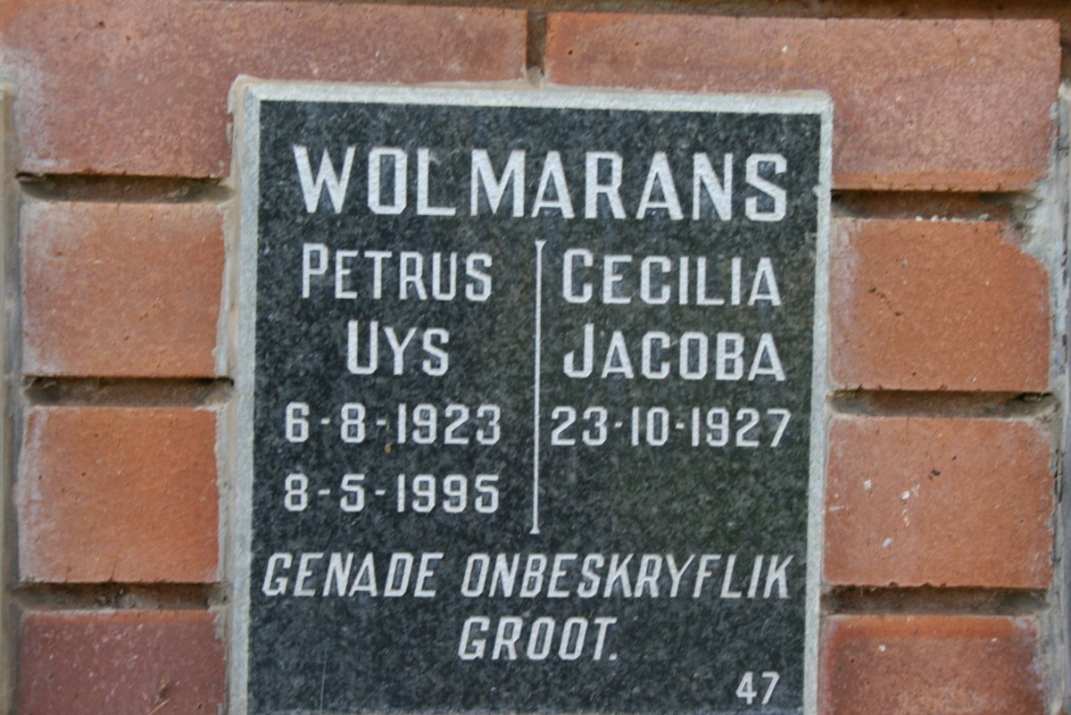 WOLMARANS Petrus Uys 1923-1995 &amp; Cecilia Jacoba 1927-