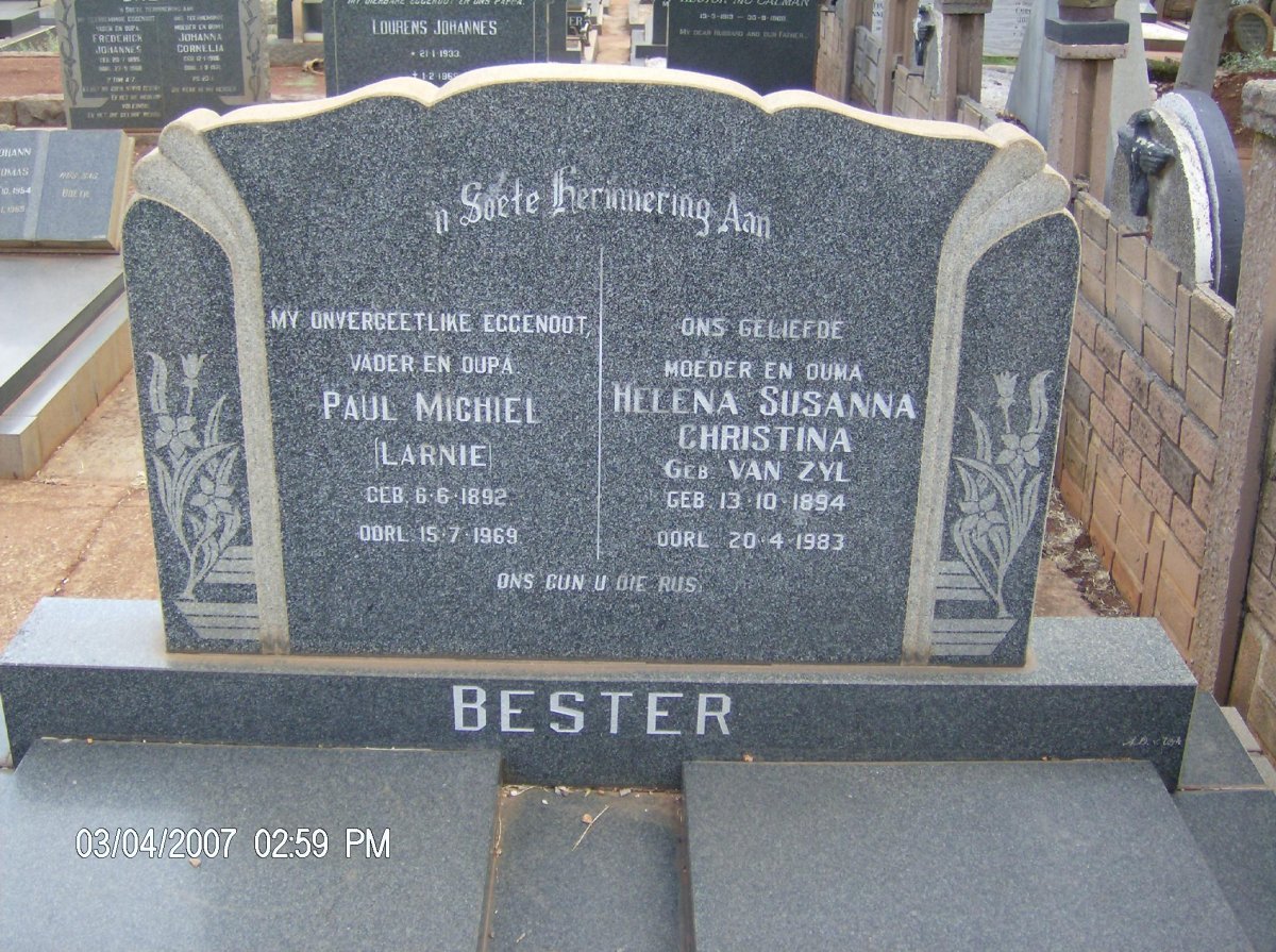 BESTER Paul Michiel 1892-1969 &amp; Helena Susanna Christina VAN ZYL 1894-1983