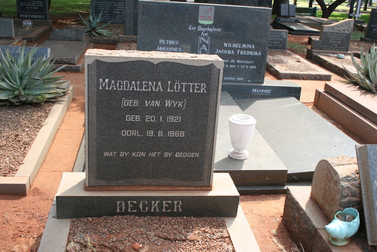 BECKER Magdalena Lötter nee VAN WYK 1921-1968