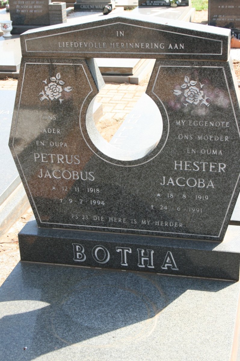 BOTHA Petrus Jacobus 1918-1994 &amp; Hester Jacoba 1919-1991