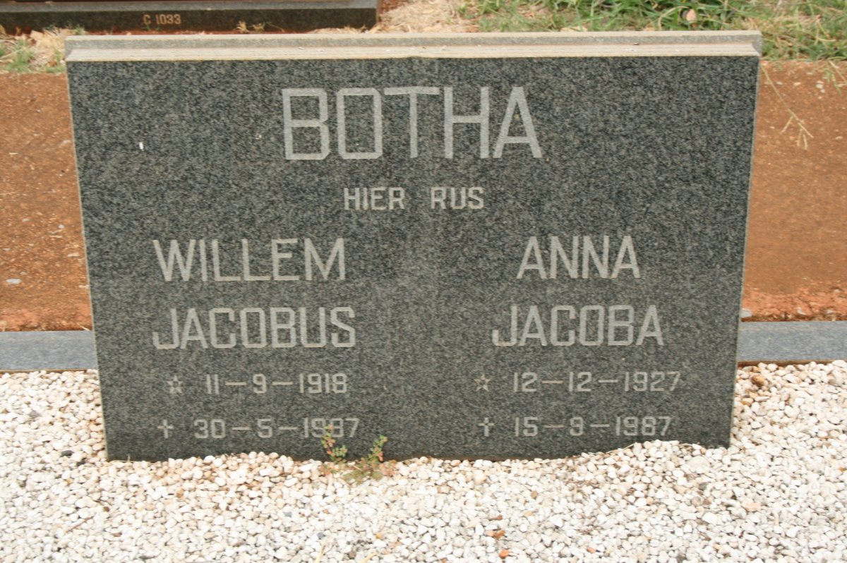 BOTHA Willem Jacobus 1918-1987 &amp; Anna Jacoba 1927-1987