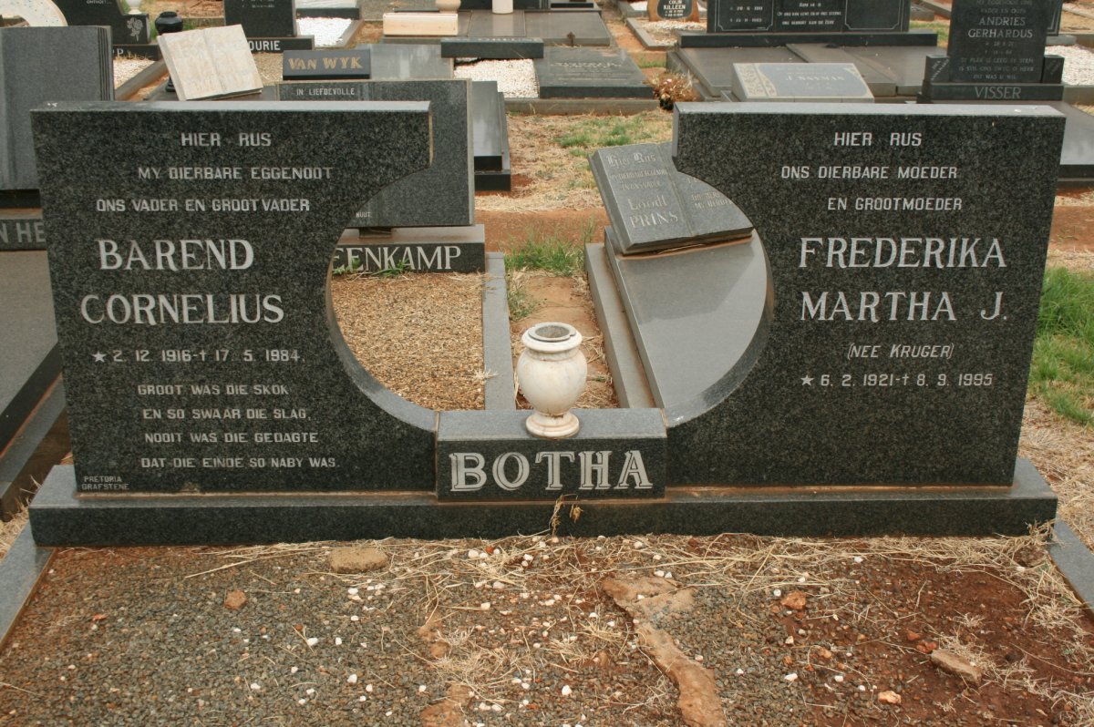 BOTHA Barend Cornelius 1916-1984 &amp; Frederika Martha J. 1921-1995