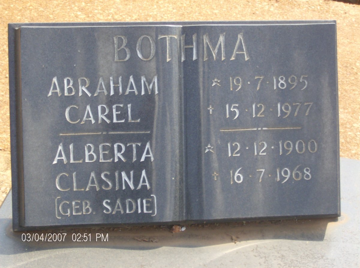 BOTHMA Abraham Carel 1895-1977 &amp; Alberta Clasina SADIE 1900-1968