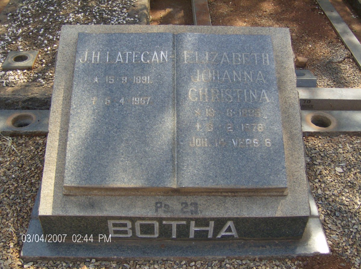 BOTHA J.H. Lategan 1891-1967 &amp; Elizabeth Johanna Christina 18?6-1978