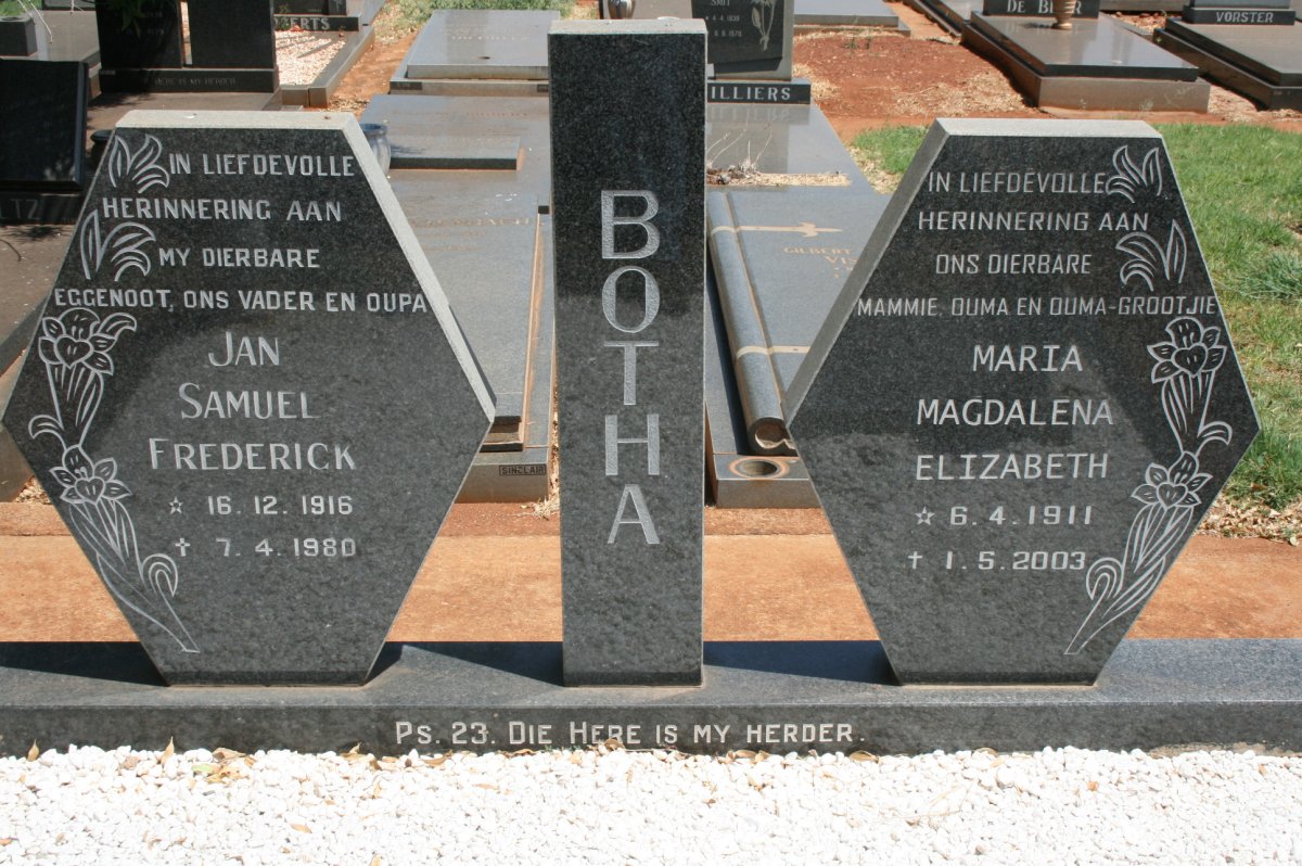 BOTHA Jan Samuel Frederick 1916-1980 &amp; Maria Magdalena Elizabeth 1911-2003