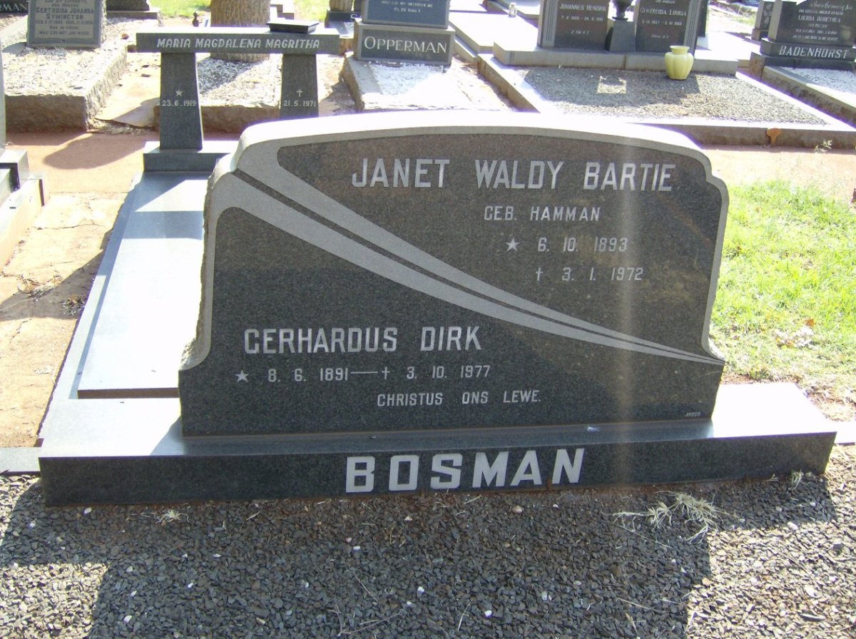 BOSMAN Gerhardus Dirk 1891-1977 &amp; Janet Waldy Bartie HAMMAN 1893-1972