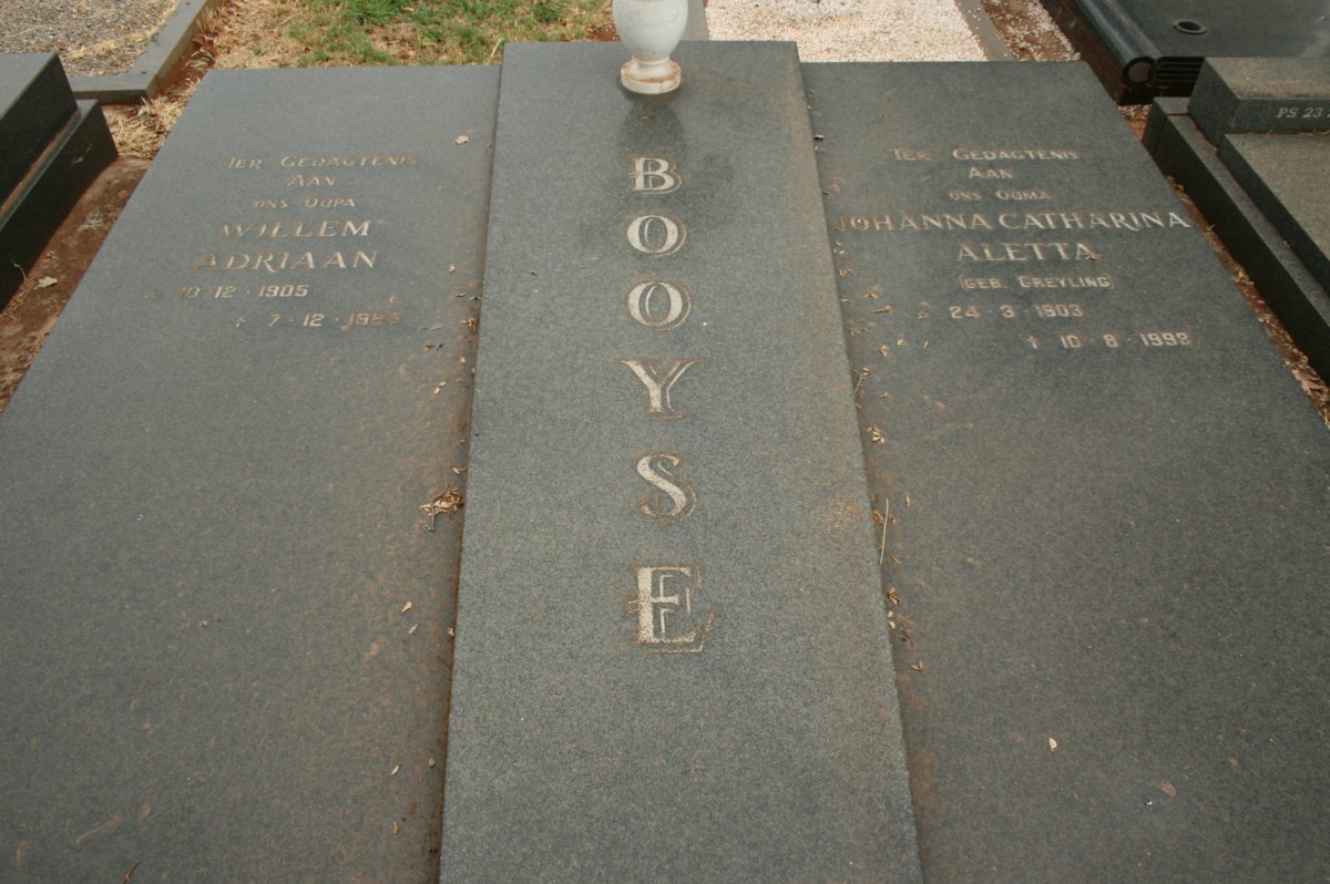 BOOYSE Willem Adriaan 1905-1925 &amp; Johanna Catharina Aletta GREYLING 1903-1998