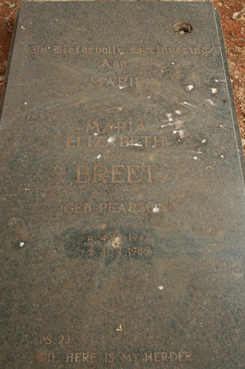 BREEDT Maria Elizabeth nee PEARSON 1942-1986
