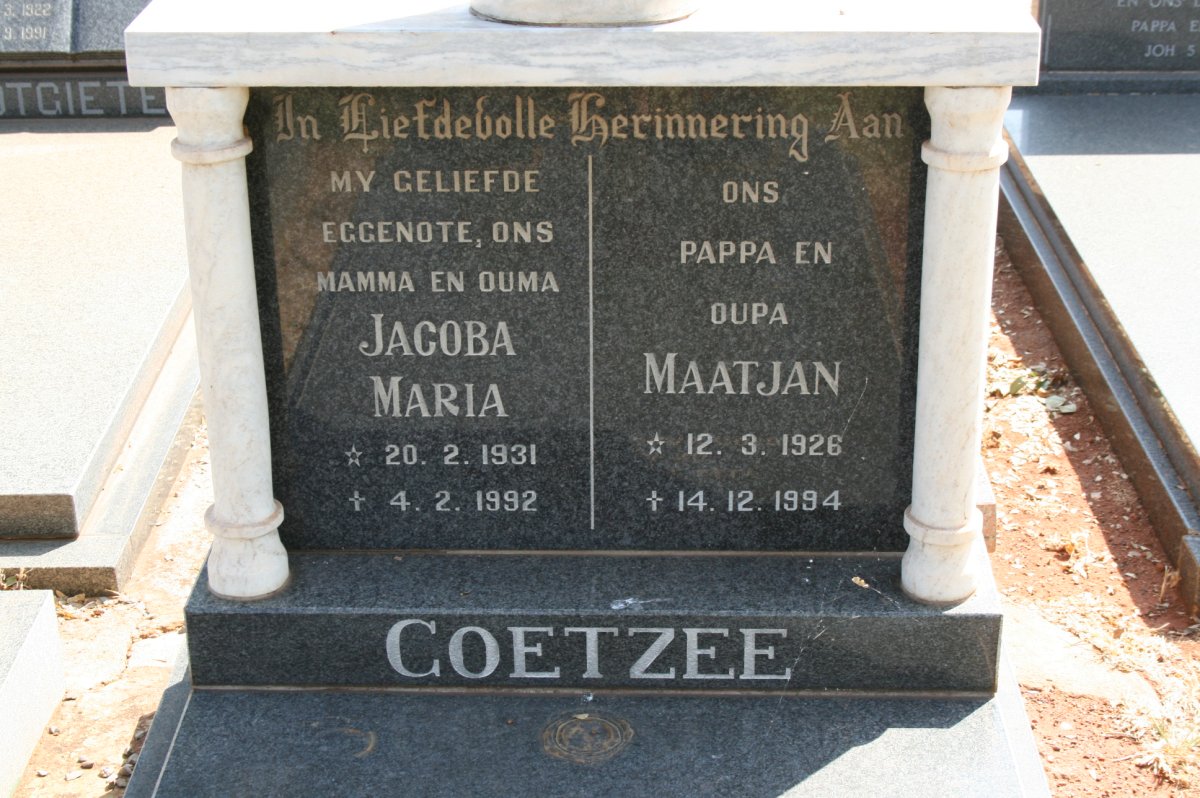 COETZEE Maatjan 1926-1994 &amp; Jacoba Maria 1931-1992