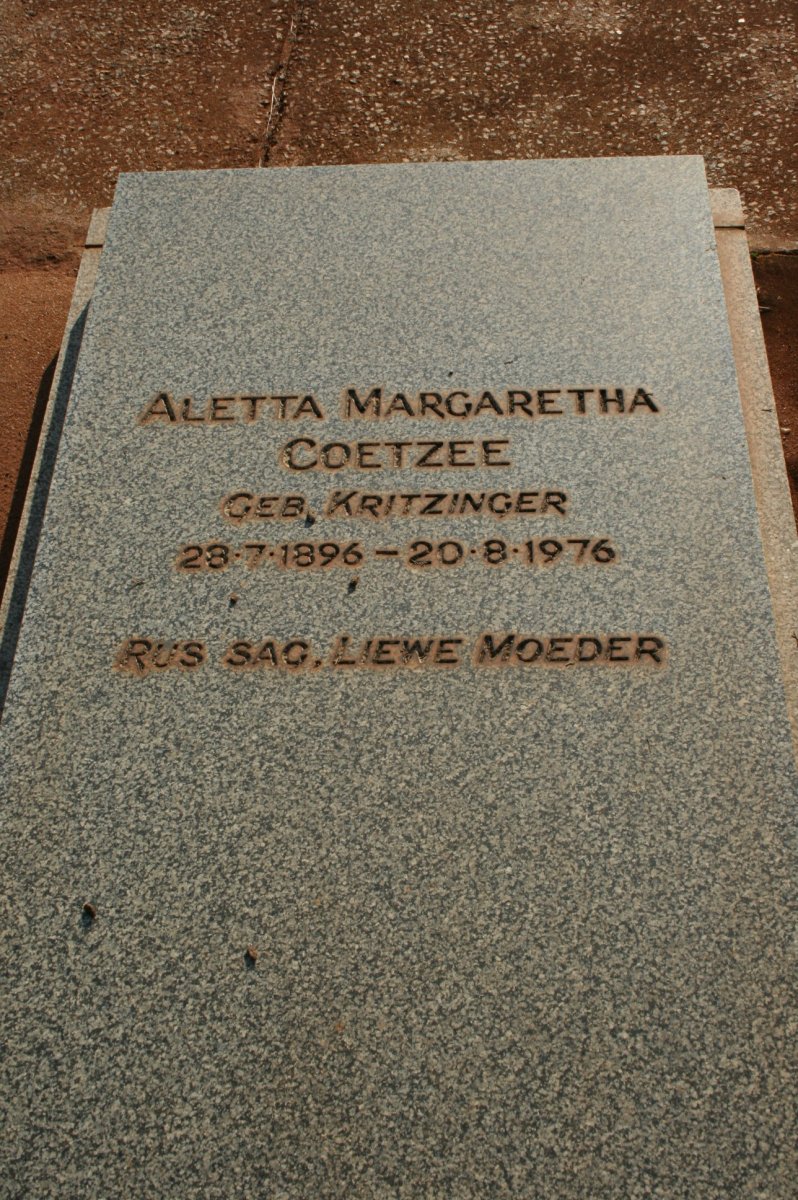 COETZEE Aletta Margaretha nee KRITZINGER 1896-1976