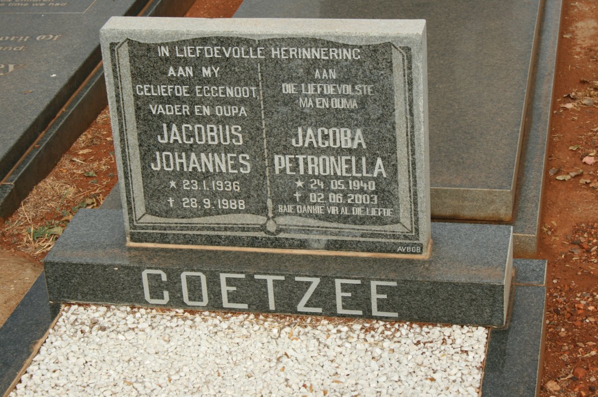 COETZEE Jacobus Johannes 1936-1988 &amp; Jacoba Petronella 1940-2003